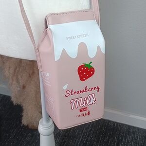 Women And Girls Strawberry Milk Carton Crossbody Bag ( Faux Leather )